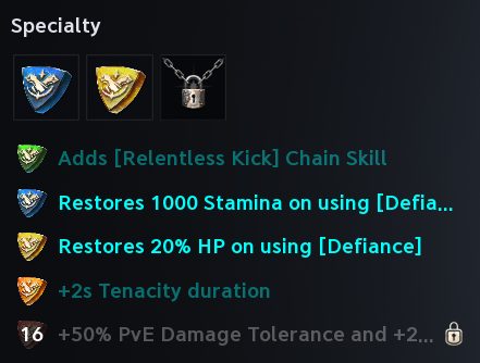 In-game Specialty panel: three equip slots with one locked, and five perk options with the last gated at level 16
