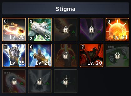 In-game Stigma panel showing skills at levels 20, 21 and 25 alongside locked slots